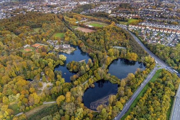 Aerial view, moated castle Wittringen with castle pond in the district Butendorf in Gladbeck, Ruhr