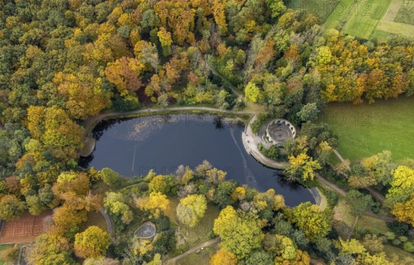 Aerial view, Wittringen memorial in the autumnal Wittringer Forest in Gladbeck, Ruhr area, North