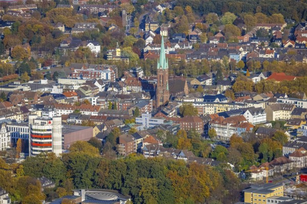 Aerial view, townscape with Stadtsparkasse Gladbeck high-rise building and St. Lamberti Catholic