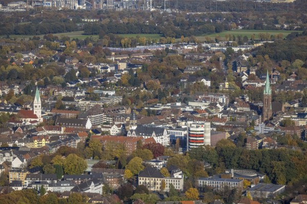 Aerial view, city view with town hall and Stadtsparkasse Gladbeck high-rise building as well as the