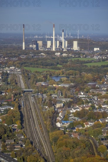 Aerial view, railway system and station Gladbeck West as well as Uniper power plants in the