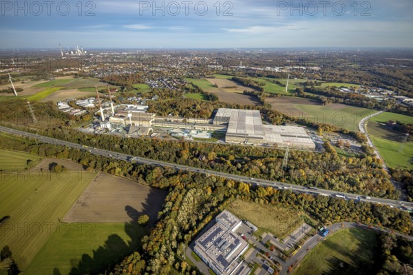 Aerial view, industrial area Am Wiesenbusch with Pilkington Deutschland AG at the motorway A31 in