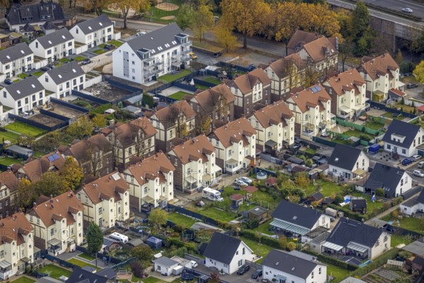 Aerial view, housing estates from three different eras: Colliery housing estate, detached houses