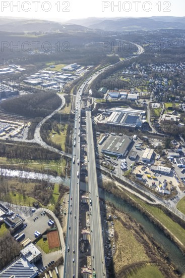 Aerial view of the Lennetal bridge, motorway A45 Sauerlandlinie shortly in front of the lane shift,