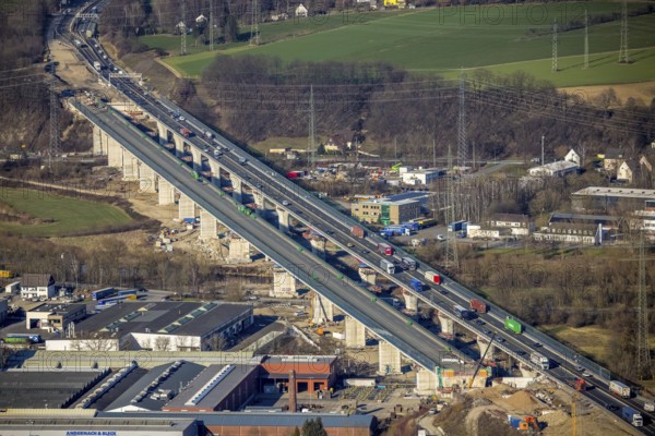 Aerial view, construction site, new construction of a section of the Lennetal Bridge, Lennetal,