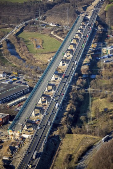 Aerial view, construction site, new construction of a section of the Lennetal Bridge, Lennetal,