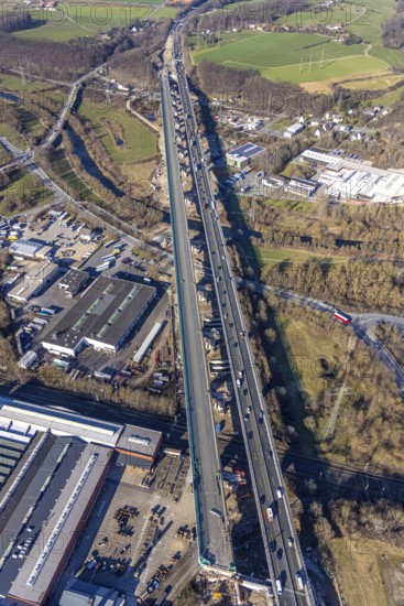 Aerial view, construction site, new construction of a section of the Lennetal Bridge, Lennetal,