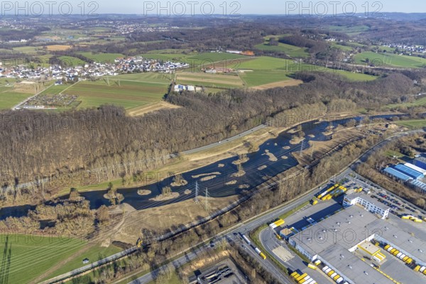 Aerial photo, renaturalisation measure Lenne floodplains, river Lenne, Lenne valley, Hagen, Ruhr