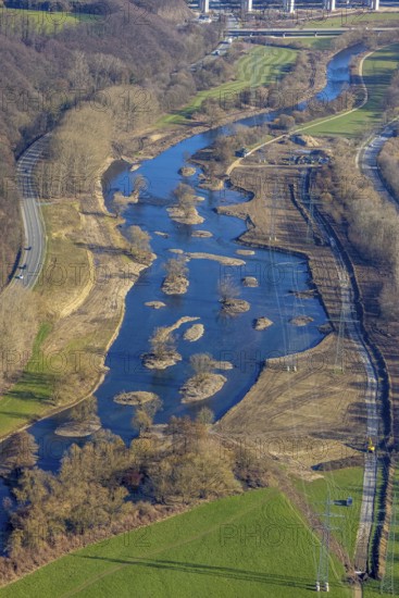 Aerial photo, renaturalisation measure Lenne floodplains, river Lenne, Lenne valley, Hagen, Ruhr