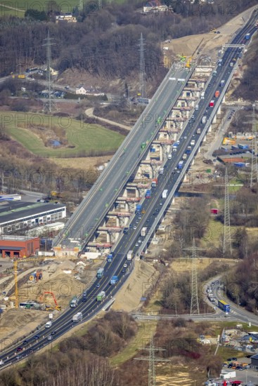 Aerial view of the Lennetal bridge, motorway A45 Sauerlandlinie shortly in front of the lane shift,