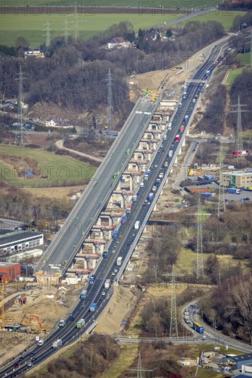 Aerial view of the Lennetal bridge, motorway A45 Sauerlandlinie shortly in front of the lane shift,