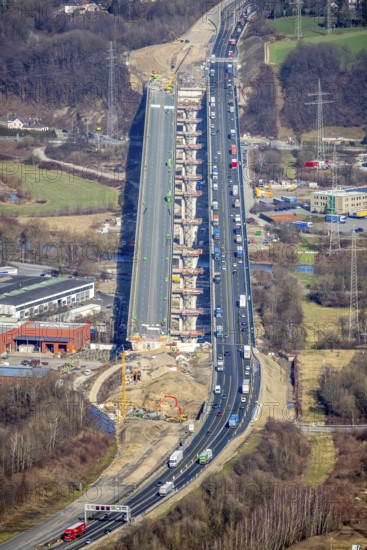 Aerial view of the Lennetal bridge, motorway A45 Sauerlandlinie shortly in front of the lane shift,
