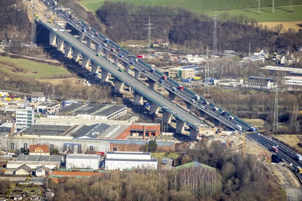 Aerial view of the Lennetal bridge, motorway A45 Sauerlandlinie shortly in front of the lane shift,