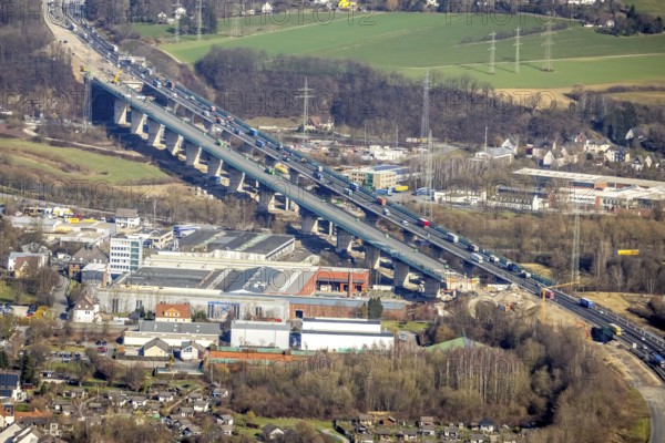 Aerial view of the Lennetal bridge, motorway A45 Sauerlandlinie shortly in front of the lane shift,