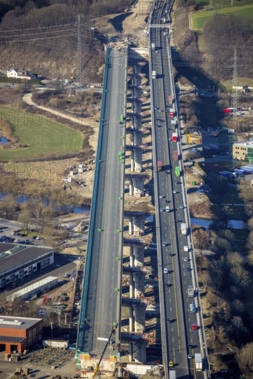 Aerial view, construction site, new construction of a section of the Lennetal Bridge, Lennetal,
