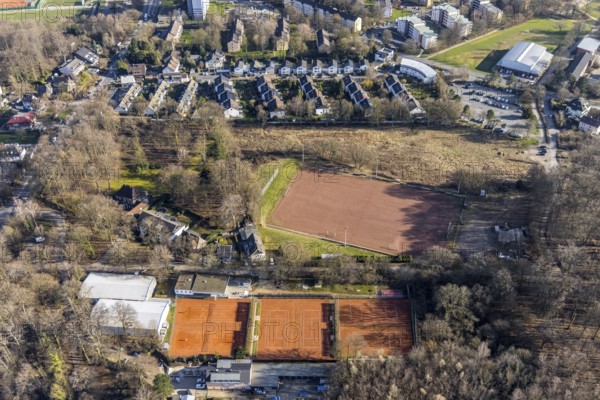 Aerial view, sports facility Lohestraße, terraced house residential area Mallnitzer Straße, Emst,