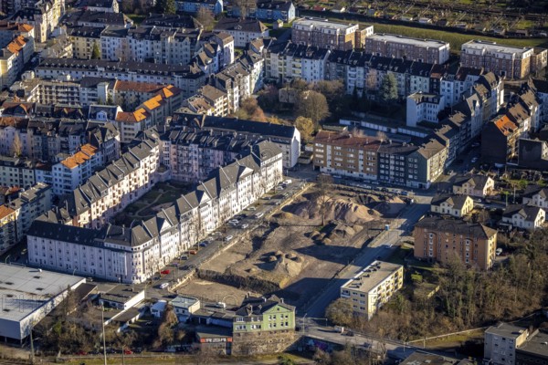 Aerial view, construction site demolition Block-1 Karree, planned new building kindergarten and