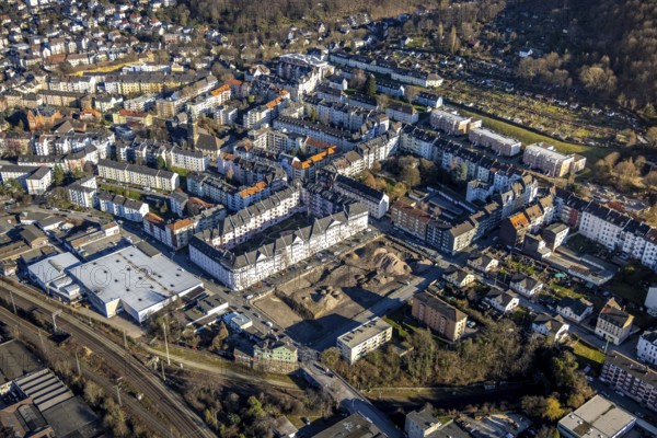 Aerial view, construction site demolition Block-1 Karree, planned new building kindergarten and