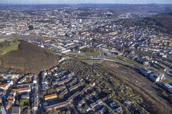 Aerial view, railway station rear view, commercial area Wehringhauser Straße, forest area Postkopf,
