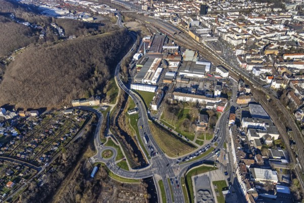 Aerial view, Hagen main station, station rear passage, commercial area Wehringhauser Straße,