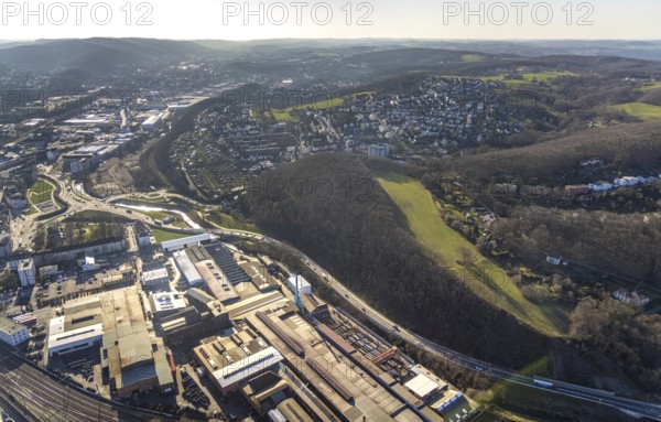 Aerial view, station background, commercial area Wehringhauser Straße, forest area Postkopf,