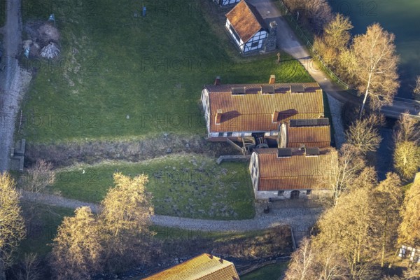Aerial view, LWL-Freilichtmuseum Hagen, historical mill, Eilpe, Hagen, Ruhr area, North