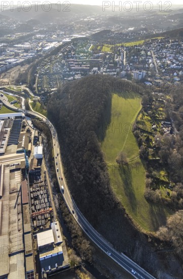 Aerial view, railway station rear view, commercial area Wehringhauser Straße, forest area Postkopf,