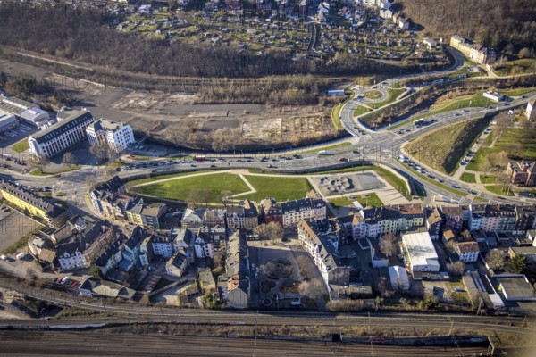 Aerial view, Wehringhauser Straße and river Ennepe, Bohne Park Hagen, Varta-Insel construction