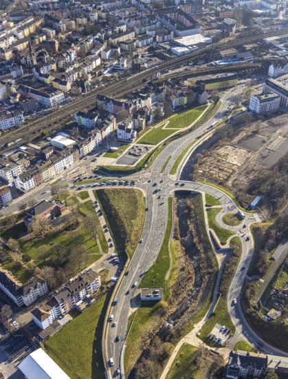 Aerial view, Wehringhauser Straße and river Ennepe, Bohne Park Hagen, Varta-Insel construction