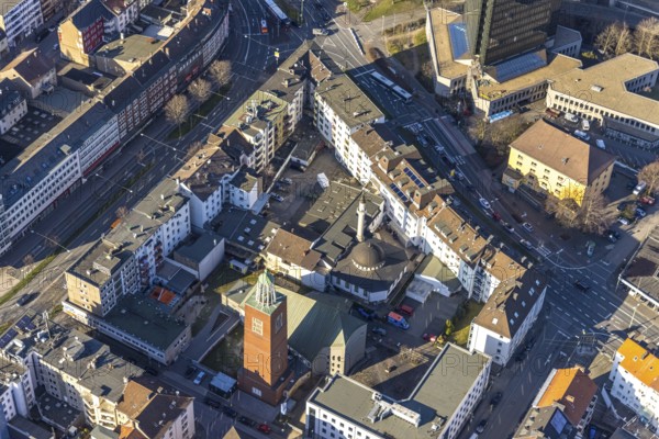 Aerial view, Mosque Islamic Cultural Association Mosque, Lutherkirche, Diakonie Mark-Ruhr,