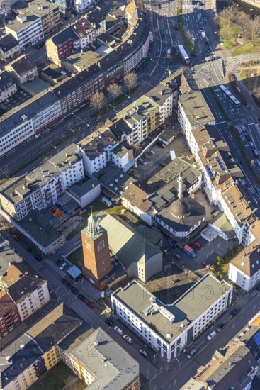 Aerial view, Mosque Islamic Cultural Association Mosque, Lutherkirche, Diakonie Mark-Ruhr,