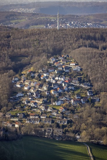 Aerial view, local view Selbecke in the forest with radio tower Selbecke, Eilpe, Hagen, Ruhr area,
