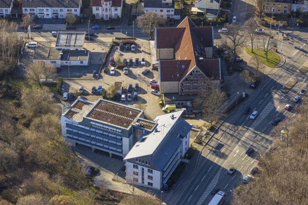 Aerial view, Edeka supermarket, lawyer's building and multi-storey car park, university district,