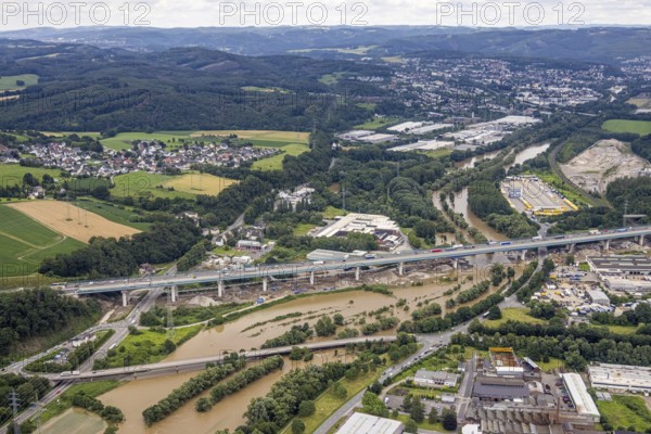 Aerial photo, Lennnehochwasser, Lennetal, Hagen, Ruhr area, North Rhine-Westphalia, Germany, DE,