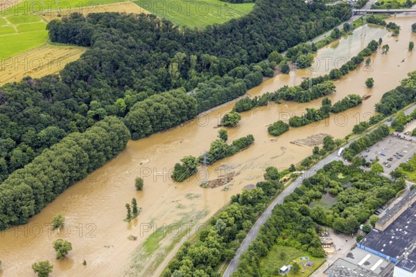 Aerial photo, Lennnehochwasser, Lennetal, Hagen, Ruhr area, North Rhine-Westphalia, Germany, DE,