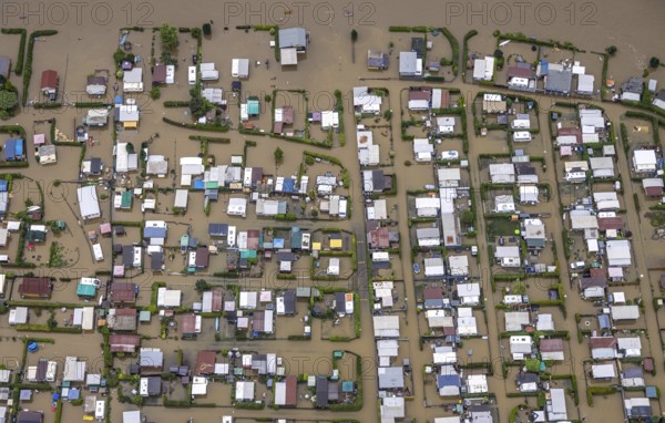 Aerial photo, Ruhr flood, flooded campsite CampingClub Garenfeld Ruhrbogen e.v, Westhofen,