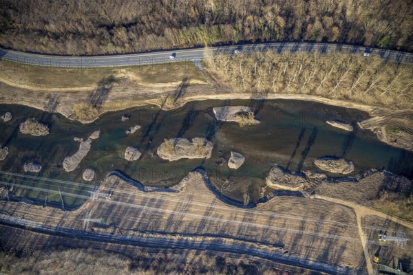 Aerial photo, renaturation measure Lenne floodplains, river Lenne, Lenne valley, Hagen, Ruhr area,