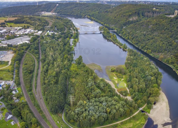 Aerial view, Hengsteysee with island and Ruhr bridge in the district Boele in Hagen, Ruhr area,