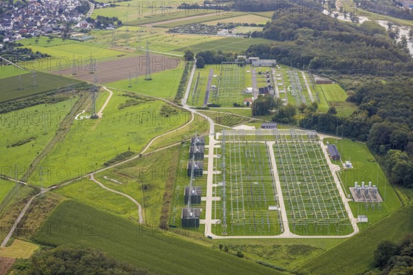 Aerial view, power line and substation Garenfeld in the district Boele in Hagen, Ruhr area, North