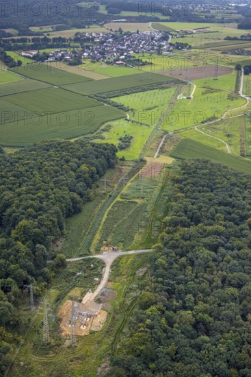 Aerial view, power line and substation Garenfeld in the district Boele in Hagen, Ruhr area, North