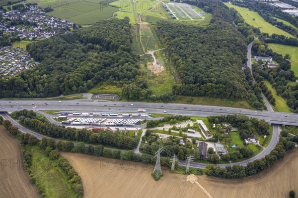 Aerial view, Lennhof service area on the A1 motorway in the Boele district of Hagen, Ruhr area,