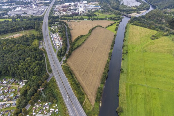 Aerial view, Lennhof service area on the A1 motorway with Lennemündung into the Ruhr in the