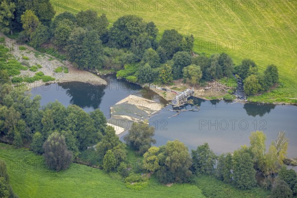 Aerial view, driftwood at the weir at the river Lenne in the district Boele in Hagen, Ruhr area,