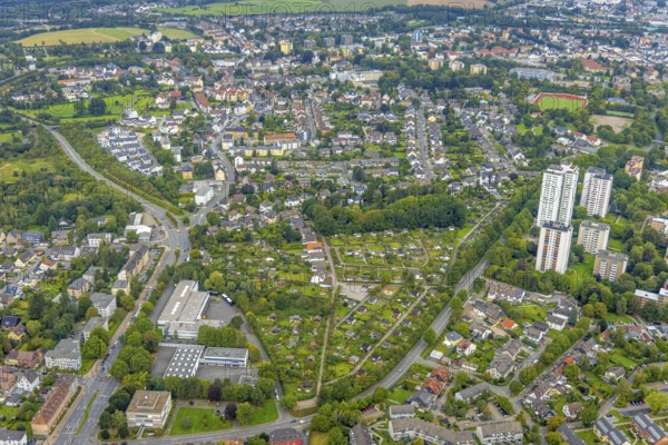 Aerial view, view Pappelstraße with allotment garden site Pivitt and allotment garden site