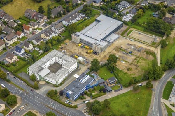 Aerial view, construction site and new construction of a manufactory commissioning area