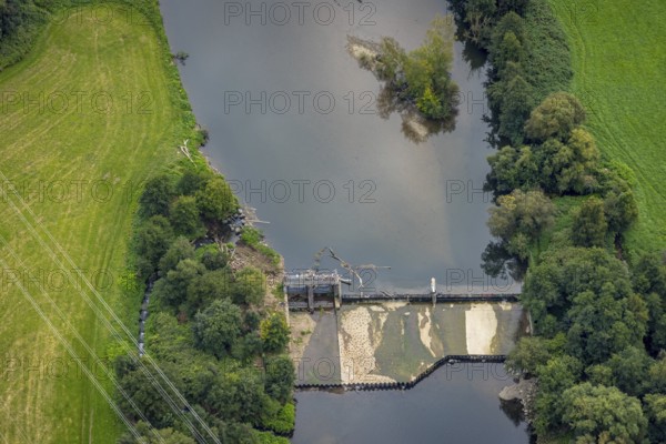 Aerial view, driftwood at the weir at the river Lenne in the district Boele in Hagen, Ruhr area,