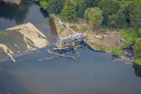 Aerial view, driftwood at the weir at the river Lenne in the district Boele in Hagen, Ruhr area,
