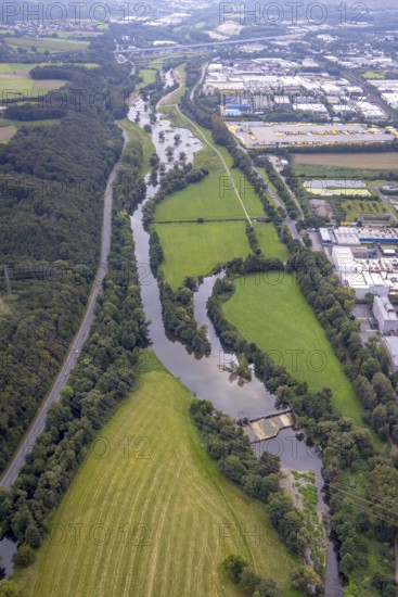 Aerial view, driftwood weir at the river Lenne in the district Boele in Hagen, Ruhr area, North