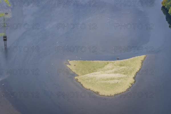 Aerial view, Hengsteysee with sandbank in the district Boele in Hagen, Ruhr area, North