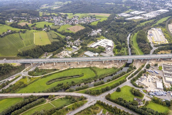 Aerial view, motorway A45 new Lennetal bridge in the district Lennetal in Hagen, Ruhr area, North